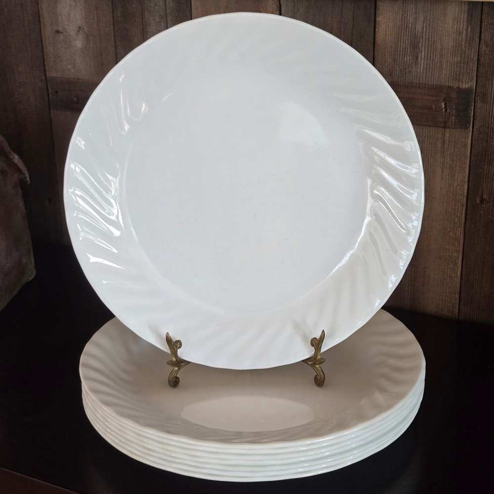 Set Of 8‎ CORELLE ENHANCEMENTS 10.25" DINNER PLATE White Swirl Rim Vitrelle EUC